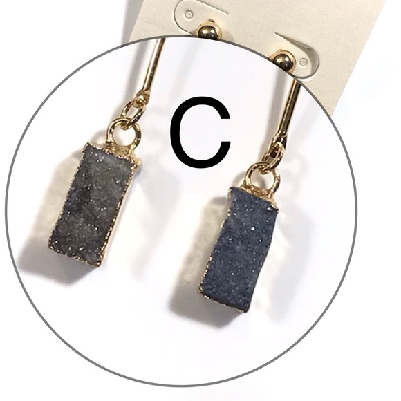 Gold With Black Druzy Stone Dangle Earrings - Picture 6 of 7